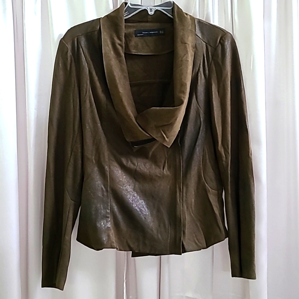 Zara Tan Faux Leather Cropped Cowl Neck Jacket Size Medium